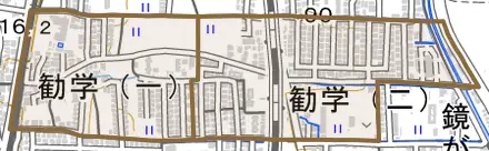 勧学とその周辺の地図。町の範囲を重ねている