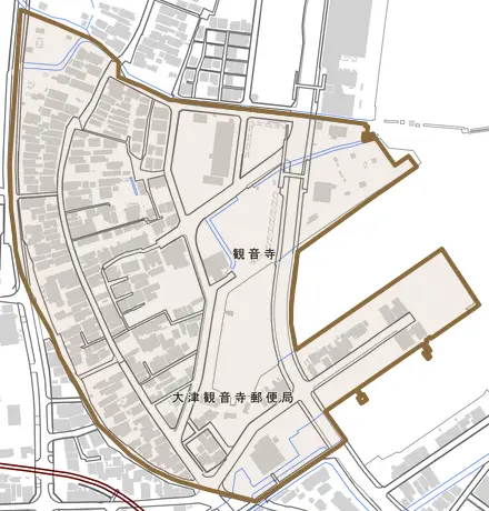 観音寺とその周辺の地図。町の範囲を重ねている