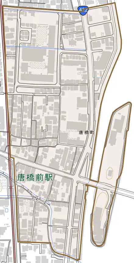 唐橋町とその周辺の地図。町の範囲を重ねている