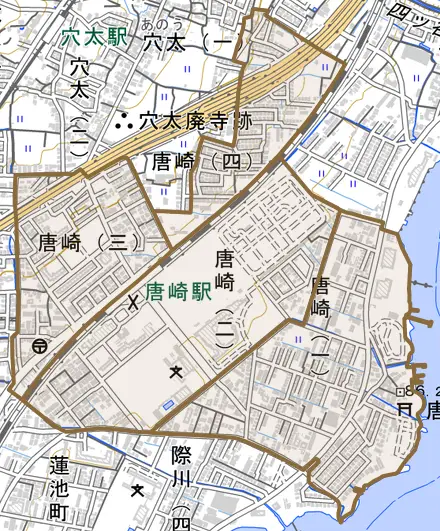 唐崎とその周辺の地図。町の範囲を重ねている