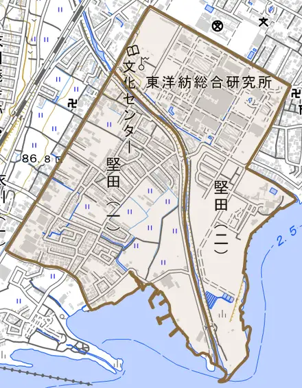 堅田とその周辺の地図。町の範囲を重ねている