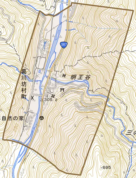葛川坊村町とその周辺の地図。町の範囲を重ねている