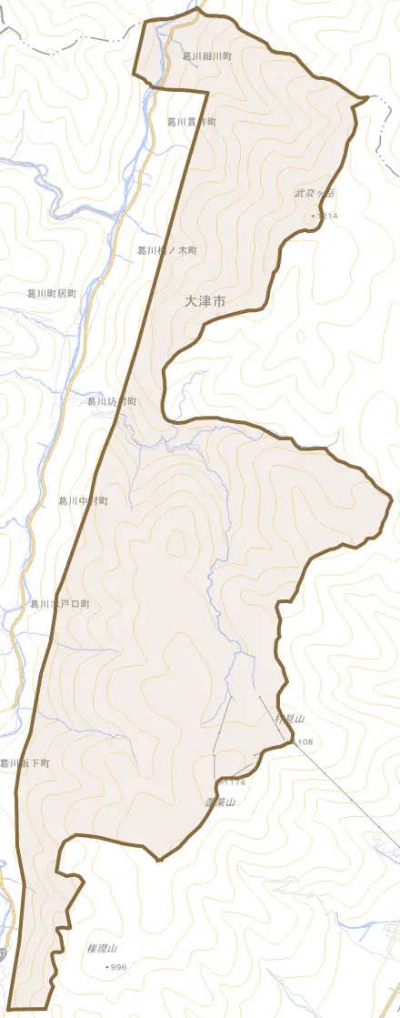 葛川細川町とその周辺の地図。町の範囲を重ねている