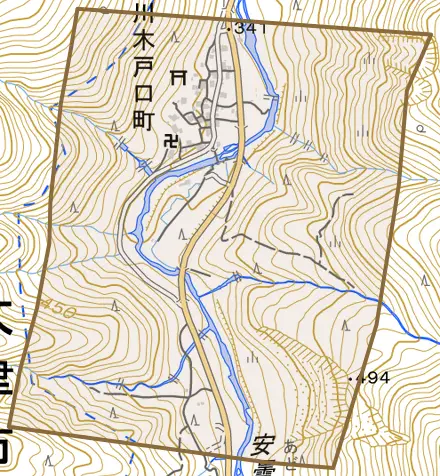 葛川木戸口町とその周辺の地図。町の範囲を重ねている