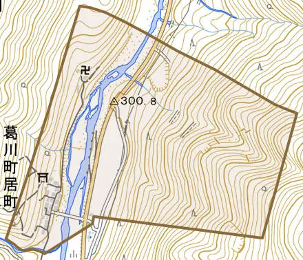 葛川町居町とその周辺の地図。町の範囲を重ねている