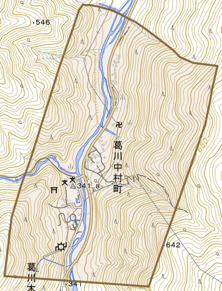 葛川中村町とその周辺の地図。町の範囲を重ねている