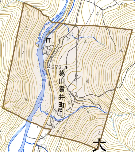 葛川貫井町とその周辺の地図。町の範囲を重ねている