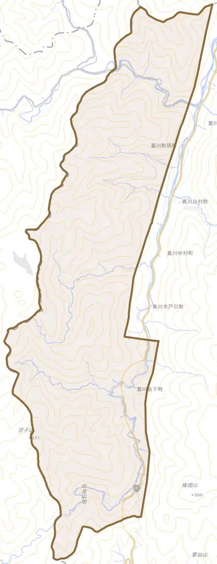 葛川坂下町とその周辺の地図。町の範囲を重ねている