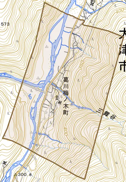 葛川梅ノ木町とその周辺の地図。町の範囲を重ねている