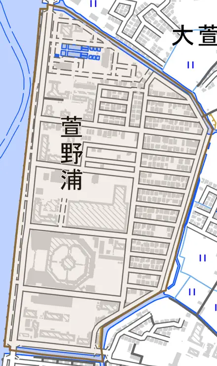 萱野浦とその周辺の地図。町の範囲を重ねている