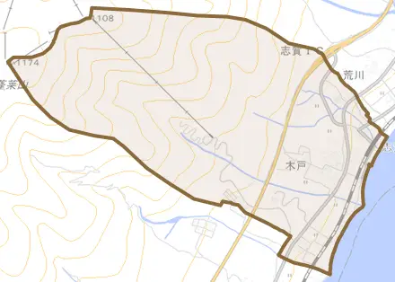 木戸とその周辺の地図。町の範囲を重ねている
