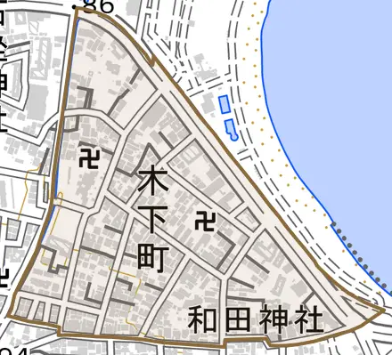 木下町とその周辺の地図。町の範囲を重ねている