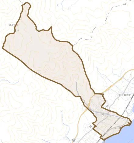 北比良とその周辺の地図。町の範囲を重ねている
