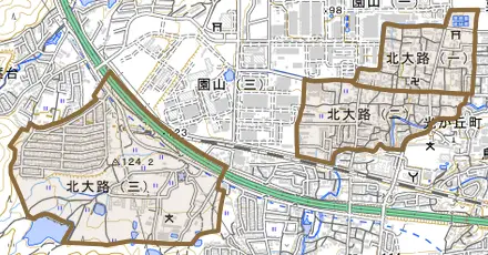 北大路とその周辺の地図。町の範囲を重ねている