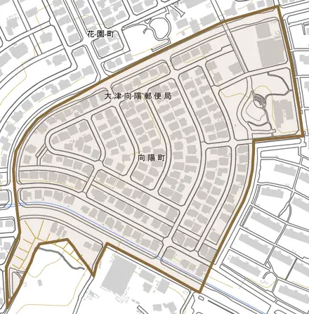 向陽町とその周辺の地図。町の範囲を重ねている