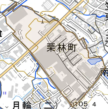 栗林町とその周辺の地図。町の範囲を重ねている