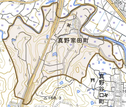 真野家田町とその周辺の地図。町の範囲を重ねている