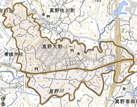 真野大野とその周辺の地図。町の範囲を重ねている