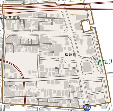 松原町とその周辺の地図。町の範囲を重ねている