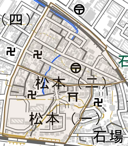松本とその周辺の地図。町の範囲を重ねている