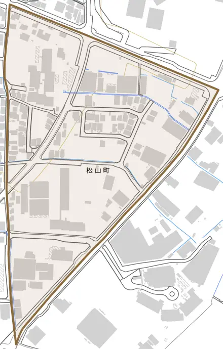松山町とその周辺の地図。町の範囲を重ねている