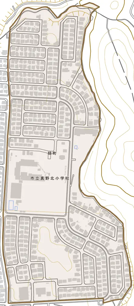緑町とその周辺の地図。町の範囲を重ねている