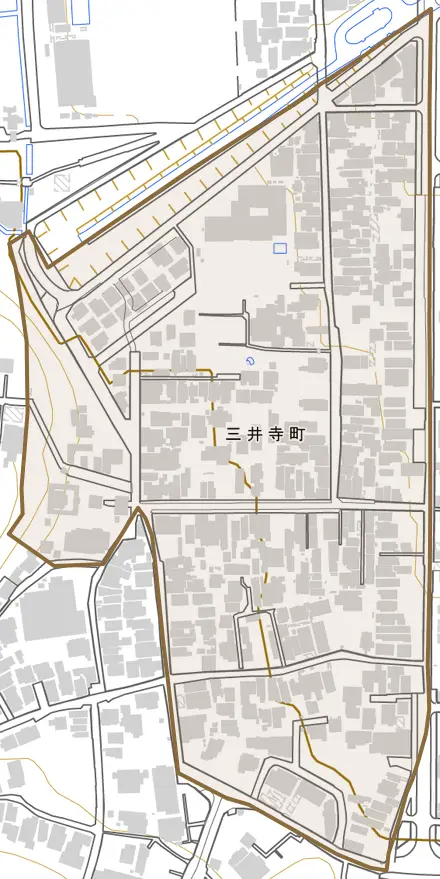 三井寺町とその周辺の地図。町の範囲を重ねている