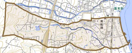 南船路とその周辺の地図。町の範囲を重ねている