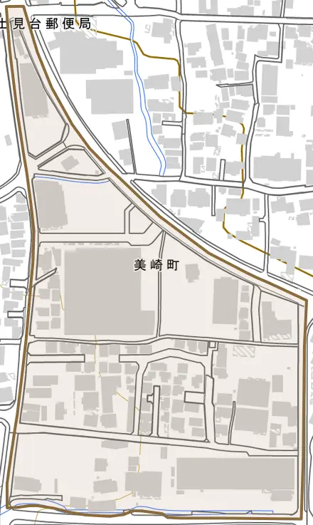 美崎町とその周辺の地図。町の範囲を重ねている