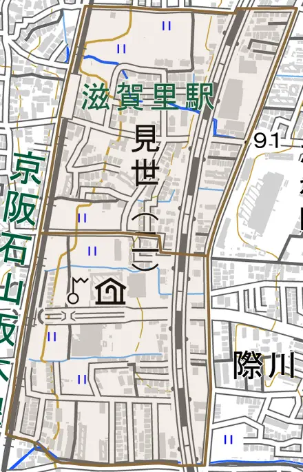 見世とその周辺の地図。町の範囲を重ねている