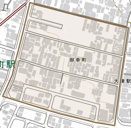 御幸町とその周辺の地図。町の範囲を重ねている