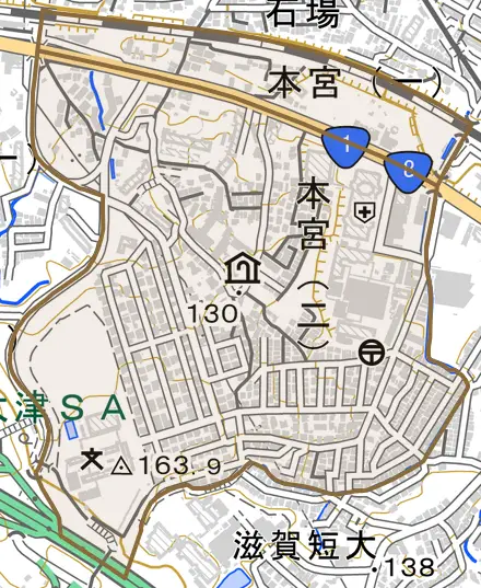 本宮とその周辺の地図。町の範囲を重ねている