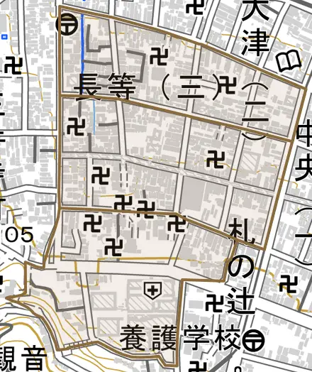 長等とその周辺の地図。町の範囲を重ねている