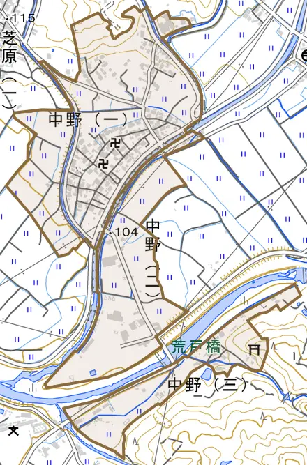 中野とその周辺の地図。町の範囲を重ねている