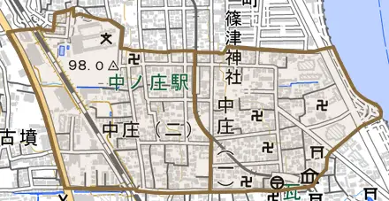 中庄とその周辺の地図。町の範囲を重ねている