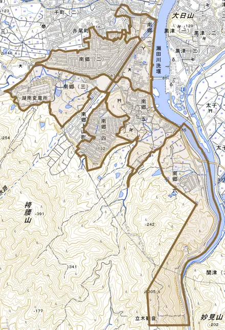 南郷とその周辺の地図。町の範囲を重ねている