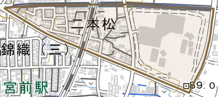 二本松とその周辺の地図。町の範囲を重ねている