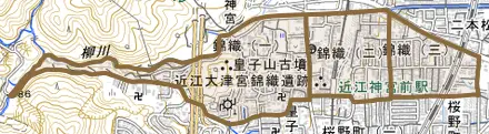 錦織とその周辺の地図。町の範囲を重ねている
