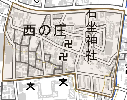 西の庄とその周辺の地図。町の範囲を重ねている