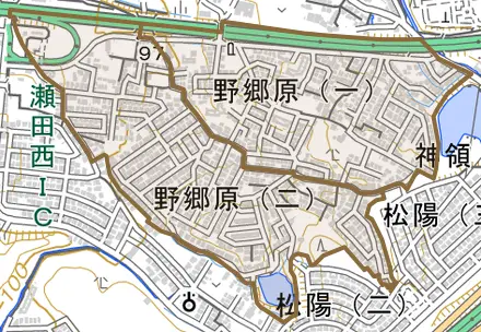 野郷原とその周辺の地図。町の範囲を重ねている