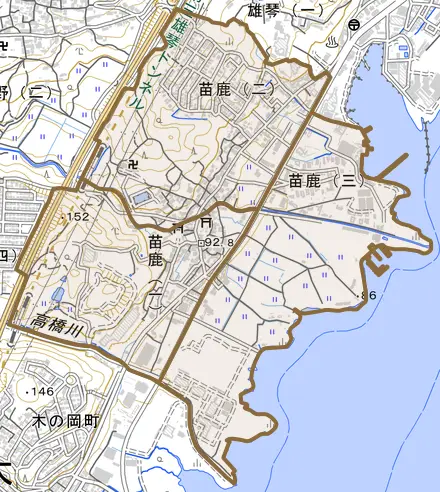 苗鹿とその周辺の地図。町の範囲を重ねている