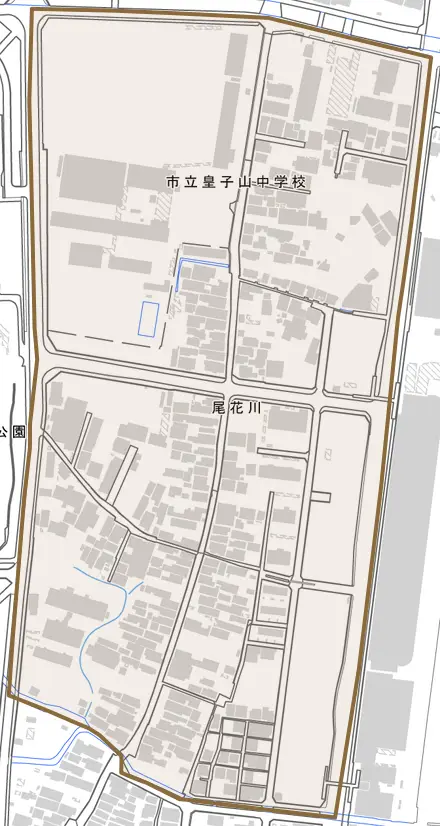 尾花川とその周辺の地図。町の範囲を重ねている