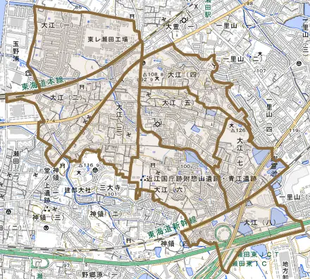 大江とその周辺の地図。町の範囲を重ねている