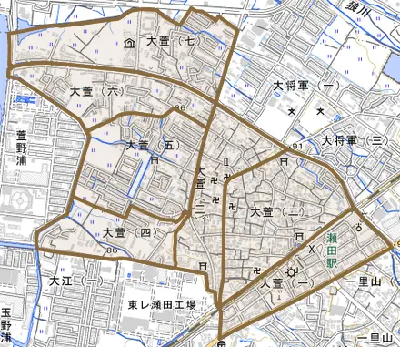 大萱とその周辺の地図。町の範囲を重ねている