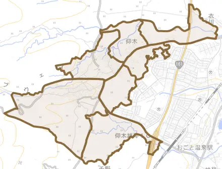 仰木とその周辺の地図。町の範囲を重ねている