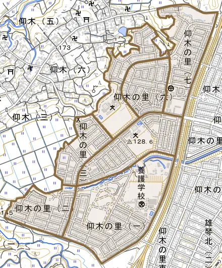 仰木の里とその周辺の地図。町の範囲を重ねている