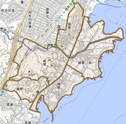 雄琴とその周辺の地図。町の範囲を重ねている