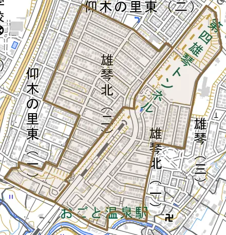 雄琴北とその周辺の地図。町の範囲を重ねている