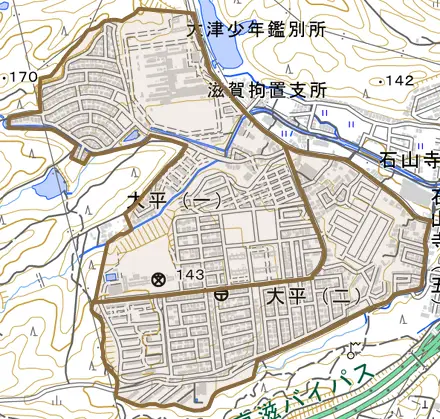 大平とその周辺の地図。町の範囲を重ねている