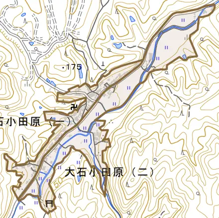 大石小田原とその周辺の地図。町の範囲を重ねている